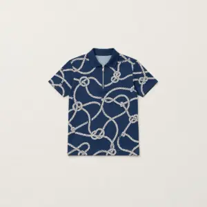 Rope Knot Zip Polo with all-over rope knot lines in navy and cream