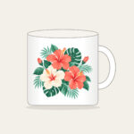 Hibiscus Sorbet Tropical Blooms Mug in white: Hibiscus flowers and leaves in coral, mint and cream.