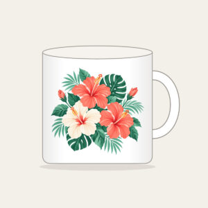 Hibiscus Sorbet Tropical Blooms Mug in white: Hibiscus flowers and leaves in coral, mint and cream.