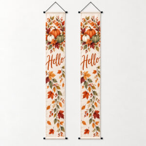 Autumn Doorway Banner with matching pair of vertical pumpkin-and-leaf compositions in rust, ochre and sage with exact word "Hello"