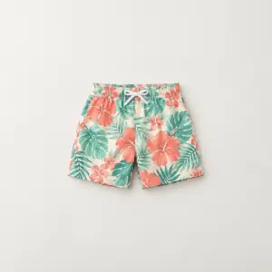 Youth Hibiscus All-Over Hawaiian Shorts with all-over hibiscus and leaves in coral, mint and cream