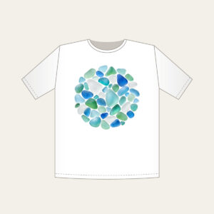 Sea-Glass Pebbles in Blues and Greens T-Shirt in white: Rounded sea-glass pebbles in pale blues, greens and frosted white.