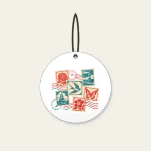 Vintage Postage Collage Ceramic Ornament in white: Vintage postage stamps with a wavy postmark in teal, cream and red.