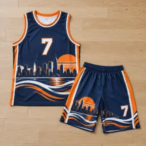 Children's navy and orange basketball jersey and shorts set with skyline print