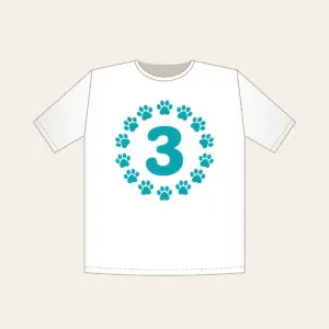 Teal Paw Circle with Number Three T-Shirt in white: A ring of small white paw marks on teal circling the number “3”.