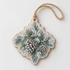 Frosted Pine Wood Ornament with flat printed pine branch with cones in frosty green, white and silver