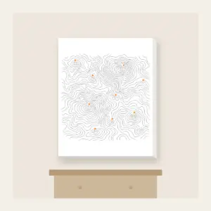 Topographic Lines and Trail Markers Canvas Print in white: Topographic lines in grey with small orange trail markers.