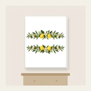 Olive and Lemon Branch Border Canvas Print in white: Olive and lemon branches run along both long edges in green, gold and cream.