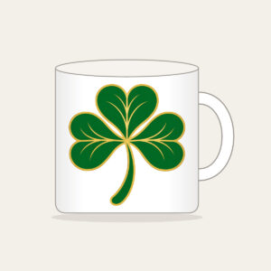 Gold-Edged Clover Leaf Mug in white: A flat clover leaf in green and gold sits inside a thin border line.