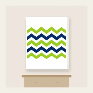 Lime and Navy Zigzag Bands Canvas Print in white: Bold zigzag bands in lime, white and navy sweep across the artwork.