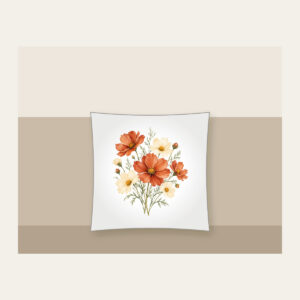 Terracotta Cosmos and Buttery Daisies Pillow in white: Loose watercolor cosmos in terracotta beside buttery daisies on fine sage stems.