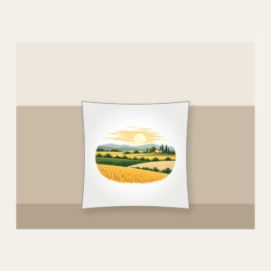 Farm Field Strips Under a Low Sun Pillow in white: Horizontal strips of gold, green and sand lie under a low pale sun.