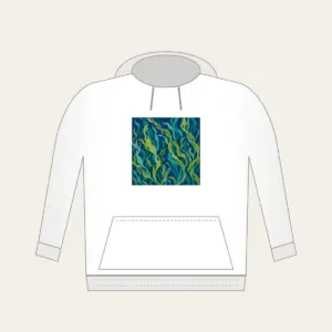 Swaying Kelp Ribbons on Deep Blue Hoodie in white: Long kelp ribbons in green and teal sway across a deep blue background.