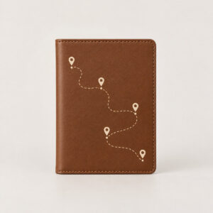 Dotted Route Passport Wallet with a dotted route line connecting small map pins in cream on warm brown