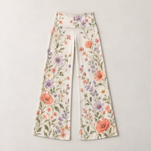 Wide Leg Wildflower Yoga Pants with all-over wildflowers drifting down each leg in coral, lilac and sage