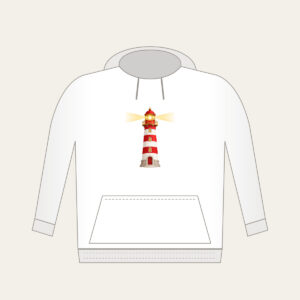 Striped Lighthouse Beam Hoodie in white: A red and white striped lighthouse sends out a gentle golden beam of light.