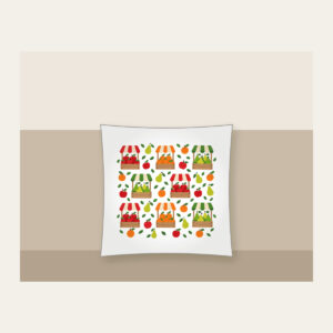 Fruit Crates and Striped Awnings Pillow in white: Crates of apples, oranges and pears under striped awnings in red, orange and green on cream, balanced for little ones.