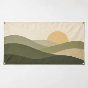 Sunrise Hills Wall Banner with layered rolling hills in sage, olive and sand beneath a rising sun with soft rays