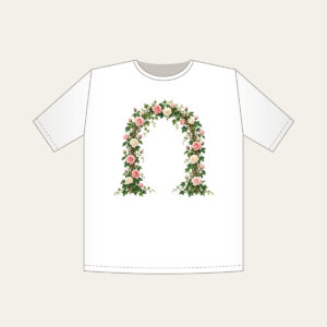Rose and Ivy Garden Arch T-Shirt in white: An arch of climbing roses and ivy in blush, deep green and cream, leaving generous open space in the middle.