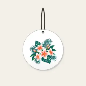 Plumeria and Palm Leaves on Deep Teal Ceramic Ornament in white: White and coral plumeria blossoms and palm leaves glow against a deep teal base.