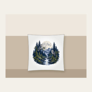 Moonlit Pine Forest with Owls Pillow in white: A moonlit forest of pines and owls in navy, silver and moss beneath a large pale moon.