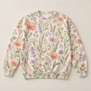 Lightweight Wildflower All-Over Sweatshirt with all-over wildflowers and grasses in coral, lilac and sage on cream