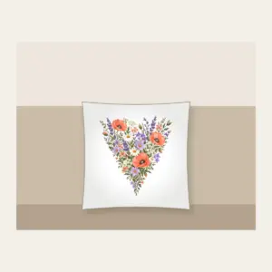 Wildflower Meadow in Coral and Lilac Pillow in white: A single tall wildflower meadow in coral, lilac, green and cream narrows to a point at the lower edge.