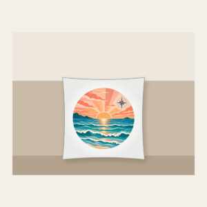 Coastal Sunrise Bands with a Compass Rose Pillow in white: Bands of peach, coral and teal show a coastal sunrise, with tiny waves and a small compass rose.