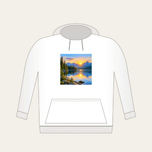 Quiet Lake at Sunrise with Pines Hoodie in white: A calm lake at sunrise with a pine shoreline, edged by a thin white border.