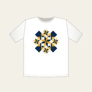 Mustard and Navy Patchwork of Stars T-Shirt in white: A patchwork of stars and diamonds in navy, mustard and cream.
