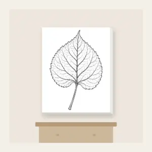 Single Leaf Study in Black Line Art Canvas Print in white: A single leaf and stem in fine black line art, edged with a thin border.