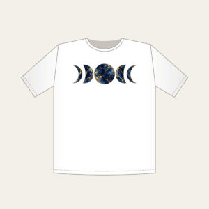 Gold-Veined Navy Marble with Moon Phases T-Shirt in white: A marbled navy field with gold veining and a row of five moon phases in the center.