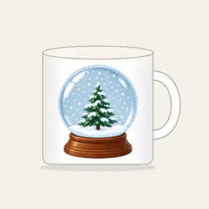 Tiny Pine Snow Globe Mug in white: A small pine tree stands inside a round snow globe as white flakes swirl around it.