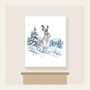 Hare in a Snowy Field with Pines Canvas Print in white: A hare pauses in a snowy field among pines in white, grey and ice blue.
