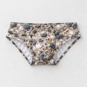 Pebble Beach Swim Briefs with all-over pebbles and tiny shells in sand, slate and white