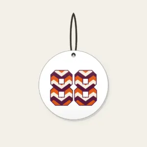 Plum Chevron Panels with Number 88 Ceramic Ornament in white: Bold chevron panels in plum, burnt orange and cream, with the number “88” standing out in the middle.