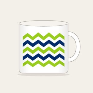 Lime and Navy Zigzag Bands Mug in white: Bold zigzag bands in lime, white and navy sweep across the artwork.