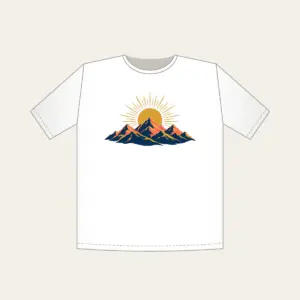 Mountain Range with a Golden Sunrise Disc T-Shirt in white: A mountain range at sunrise with a golden sun disc at the center in navy, coral and gold.