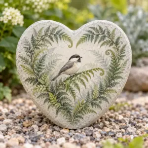 Quiet Garden Heart Memorial Stone with heart-shaped memorial stone with a fern wreath around a small original vignette of one songbird on a fern frond in soft grey, green and cream, 2-side printed