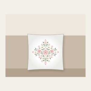 Tiny Blooms and Diamonds in Blush Pillow in white: Small flowers and diamond shapes repeat in blush, sage and cream.