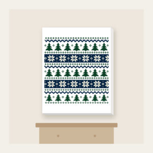 Fair-Isle Bands of Pines and Stars Canvas Print in white: Fair-isle bands of pines and stars in cream, forest green and navy repeat all over.