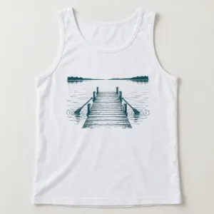 Lake Dock Tank Top with chest print of a wooden dock reaching into still water with two oars and ripple lines in dark teal line art