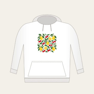 Cherry and Lemon Orchard Pattern Hoodie in white: Cherries, lemons and leaves in red, yellow and green scattered across a cream field.