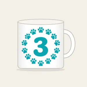 Teal Paw Circle with Number Three Mug in white: A ring of small white paw marks on teal circling the number “3”.