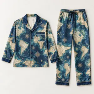 Vintage Map Satin Pajama Set with a vintage map pattern with coastlines and tiny compasses in navy, cream and teal
