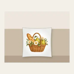 Baguette and Pear Basket Pillow in white: A woven basket holds a baguette, two pears and white daisies in warm tan, green and cream.