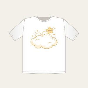 Little Star Hopping on a Cloud T-Shirt in white: A little star hops across a cloud in white, cream and gold.