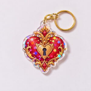 Keyhole Heart Hologram Charm with a small heart with a keyhole in red and gold on a clean ground
