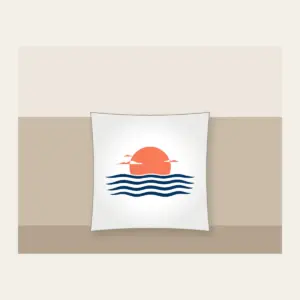 Rising Sun over a Navy Horizon Pillow in white: Navy horizon lines meet a small warm coral sun, with a few tiny white clouds.