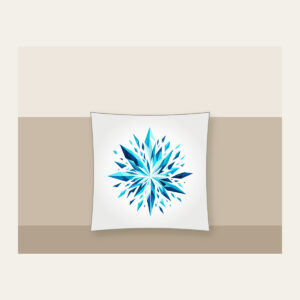 Aqua Shards Bursting into Navy Pillow in white: A burst of aqua and white geometric shards darkening into navy.